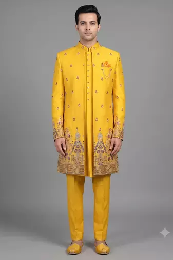 Mustard yellow printed open indowestern suit for men