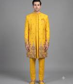 Mustard yellow printed open indowestern suit for men