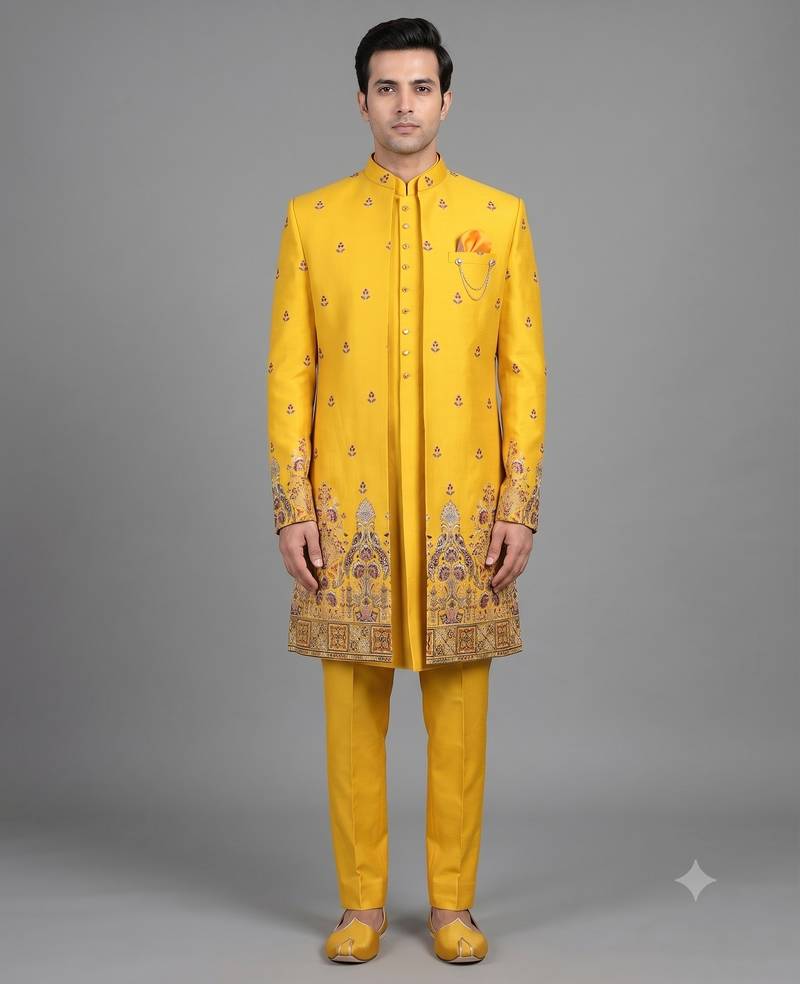 Mustard yellow printed open indowestern suit for men