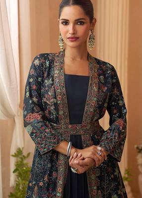 Navy blue chinon silk embroidered readymade gown with jacket 1