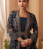 Navy blue chinon silk embroidered readymade gown with jacket