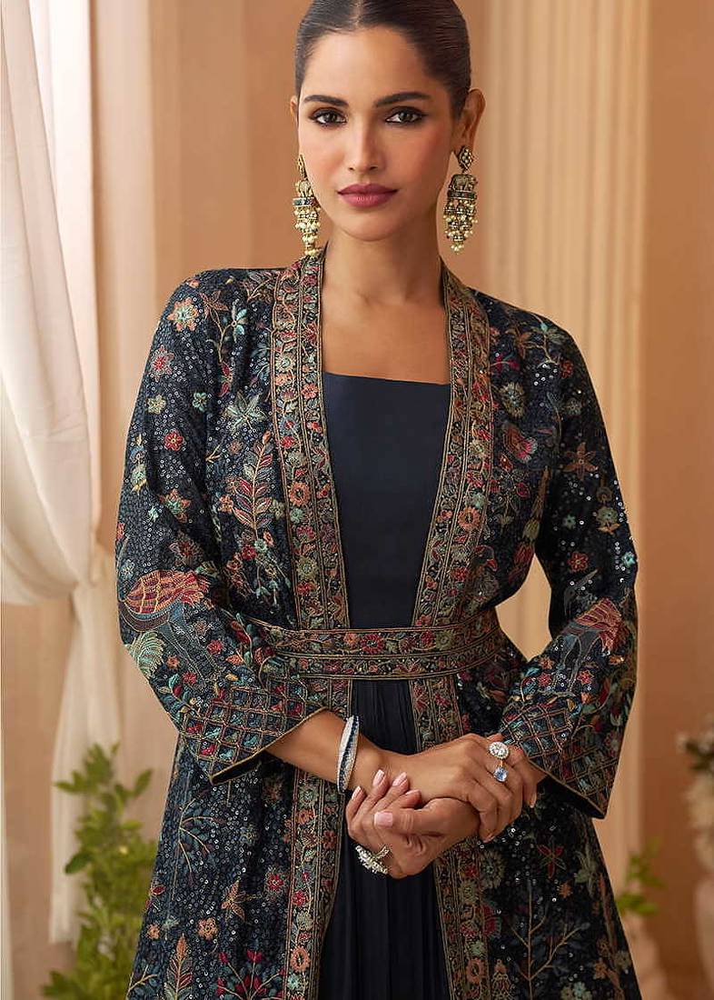 Navy blue chinon silk embroidered readymade gown with jacket