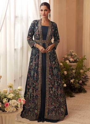 Navy blue chinon silk embroidered readymade gown with jacket 2