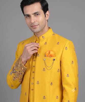 Mustard yellow printed open indowestern suit for men 2