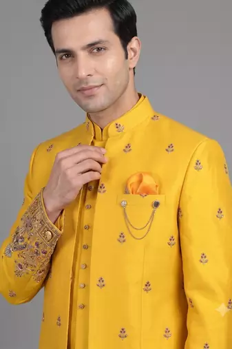 Mustard yellow printed open indowestern suit for men
