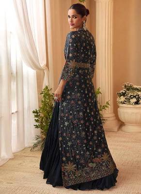 Navy blue chinon silk embroidered readymade gown with jacket 3