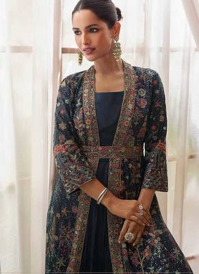 Navy blue chinon silk embroidered readymade gown with jacket 4