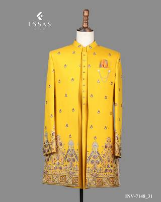 Mustard yellow printed open indowestern suit for men 3