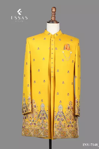Mustard yellow printed open indowestern suit for men