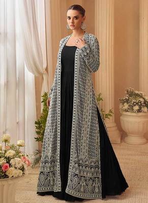 Black chinon silk embroidered readymade gown with jacket 1