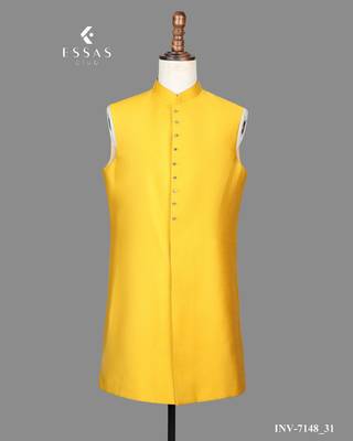 Mustard yellow printed open indowestern suit for men 4