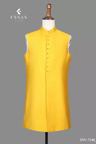Mustard yellow printed open indowestern suit for men