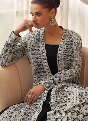 Black chinon silk embroidered readymade gown with jacket 4