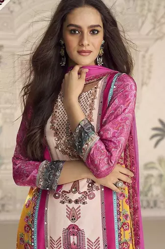 Crepe silk magenta pink mirror work readymade sharara suit