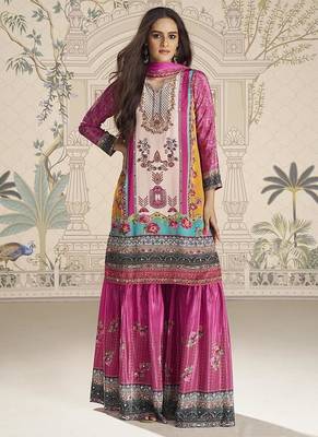 Crepe silk magenta pink mirror work readymade sharara suit 1