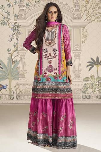 Crepe silk magenta pink mirror work readymade sharara suit