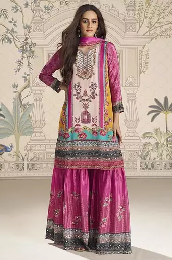 Crepe silk magenta pink mirror work readymade sharara suit
