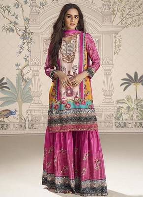 Crepe silk magenta pink mirror work readymade sharara suit 3