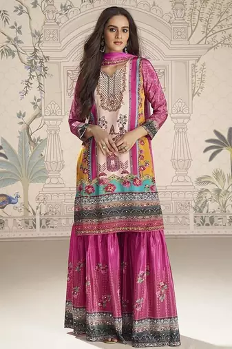 Crepe silk magenta pink mirror work readymade sharara suit