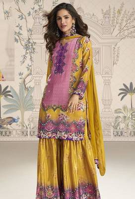 Crepe silk mustard mirror work readymade sharara suit 2