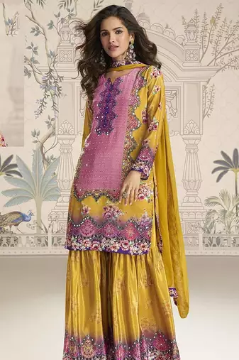 Crepe silk mustard mirror work readymade sharara suit