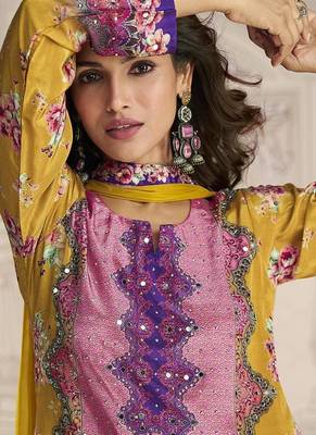 Crepe silk mustard mirror work readymade sharara suit 3