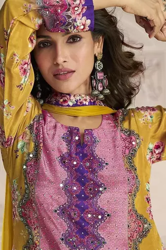 Crepe silk mustard mirror work readymade sharara suit