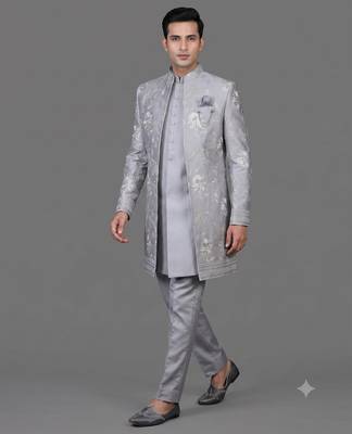 Powder blue floral embroidered open indowestern suit for men 1