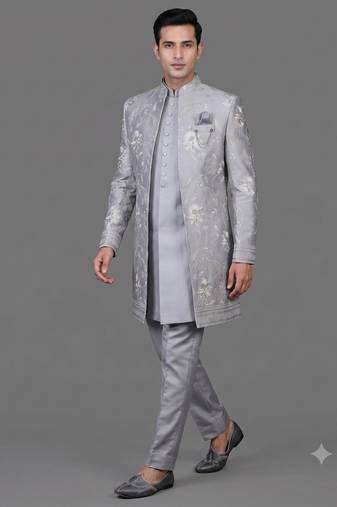 Powder blue floral embroidered open indowestern suit for men