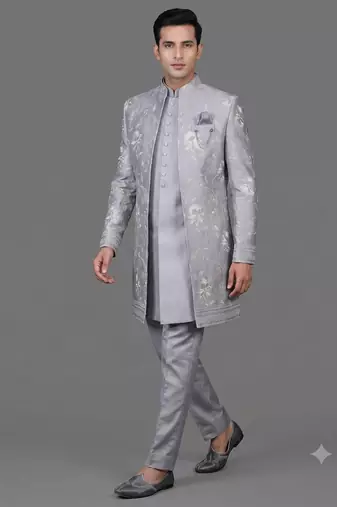 Powder blue floral embroidered open indowestern suit for men