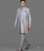 Powder blue floral embroidered open indowestern suit for men