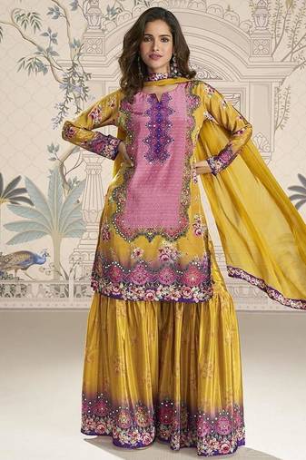 Crepe silk mustard mirror work readymade sharara suit