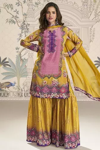 Crepe silk mustard mirror work readymade sharara suit
