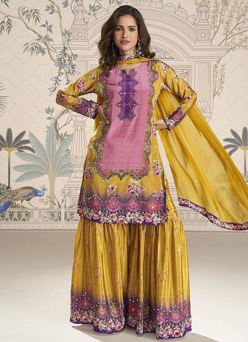 Crepe silk mustard mirror work readymade sharara suit