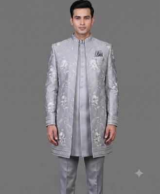 Powder blue floral embroidered open indowestern suit for men 2