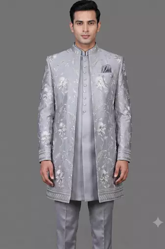 Powder blue floral embroidered open indowestern suit for men