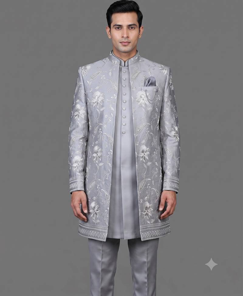 Powder blue floral embroidered open indowestern suit for men
