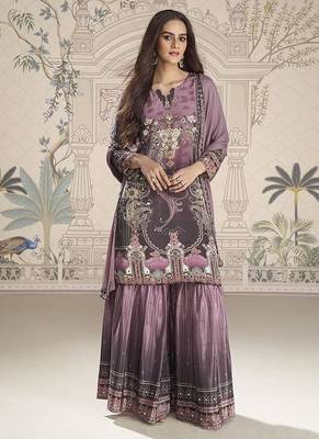 Crepe silk lilac mirror work readymade sharara suit 1