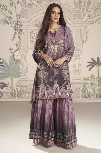 Crepe silk lilac mirror work readymade sharara suit