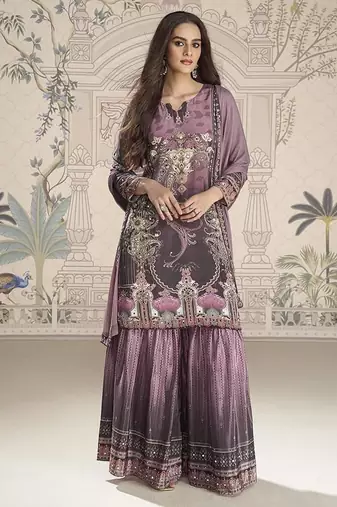 Crepe silk lilac mirror work readymade sharara suit
