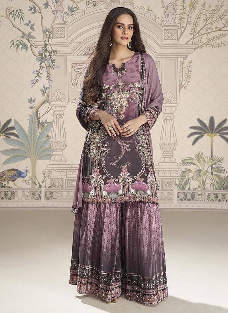 Crepe silk lilac mirror work readymade sharara suit
