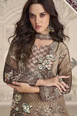 Crepe silk beige & brown mirror work readymade sharara suit 2