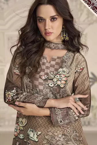 Crepe silk beige & brown mirror work readymade sharara suit