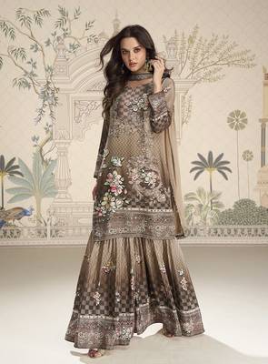 Crepe silk beige & brown mirror work readymade sharara suit 1