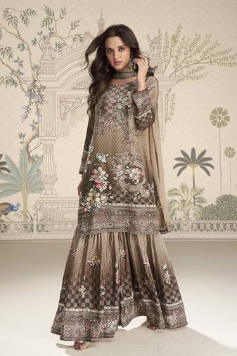 Crepe silk beige & brown mirror work readymade sharara suit