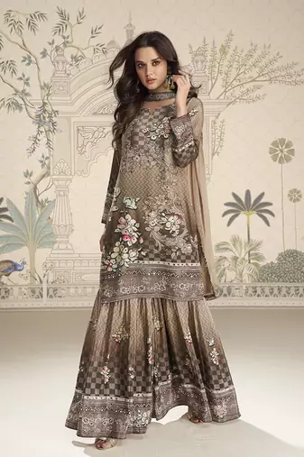 Crepe silk beige & brown mirror work readymade sharara suit