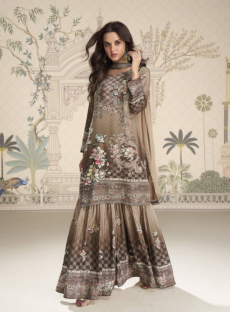 Crepe silk beige & brown mirror work readymade sharara suit