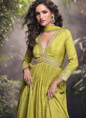 Pear viscose jacquard silk readymade gown with embroidered net dupatta 2