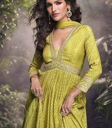 Pear viscose jacquard silk readymade gown with embroidered net dupatta