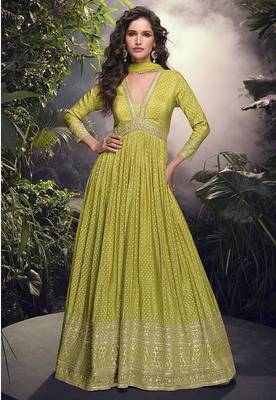 Pear viscose jacquard silk readymade gown with embroidered net dupatta 1